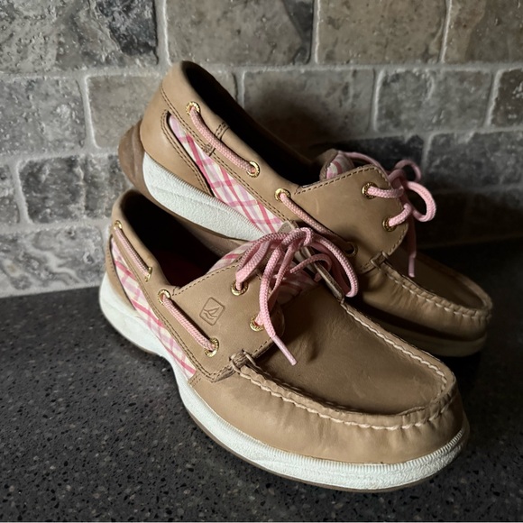 Sperry Women's Tan and Pink Plaid Boat Shoes Size 7 - Picture 1 of 13